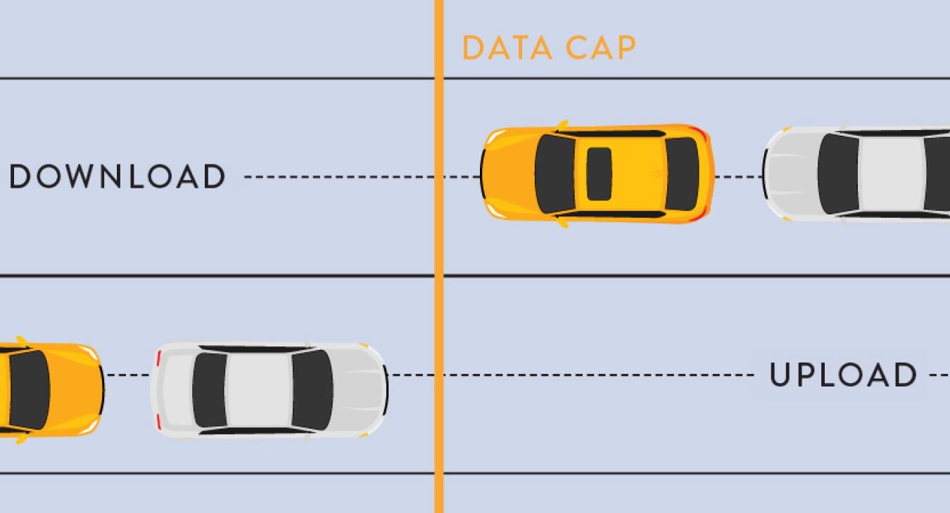 Cars representing upload and download speeds encounter a data cap